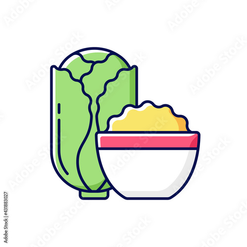 Kimchi RGB color icon. Traditional side dish with cabbage and radish. Asian cuisine. Hot napa meal. Lunch with veggies. Korean culture. National symbols of Korea. Isolated vector illustration