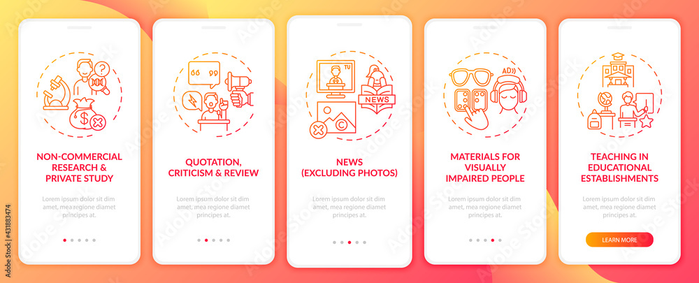 Copyright exceptions onboarding mobile app page screen with concepts. News, teaching materials walkthrough 5 steps graphic instructions. UI, UX, GUI vector template with linear color illustrations