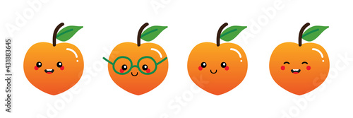 Set, collection of cute and smiling cartoon style peach fruit characters for food design.