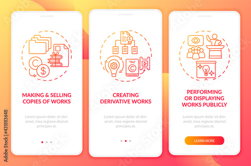 Exclusive author rights onboarding mobile app page screen with concepts. Performing works publicly walkthrough 3 steps graphic instructions. UI, UX, GUI vector template with linear color illustrations