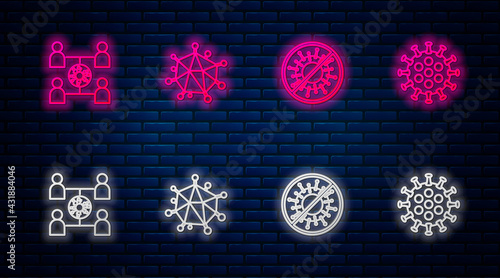 Set line Virus, Stop virus, spread and . Glowing neon icon on brick wall. Vector
