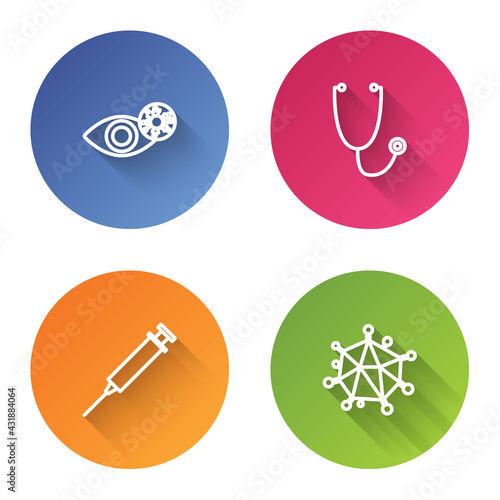 Set line Reddish eye due to virus, Stethoscope, Syringe and Virus. Color circle button. Vector