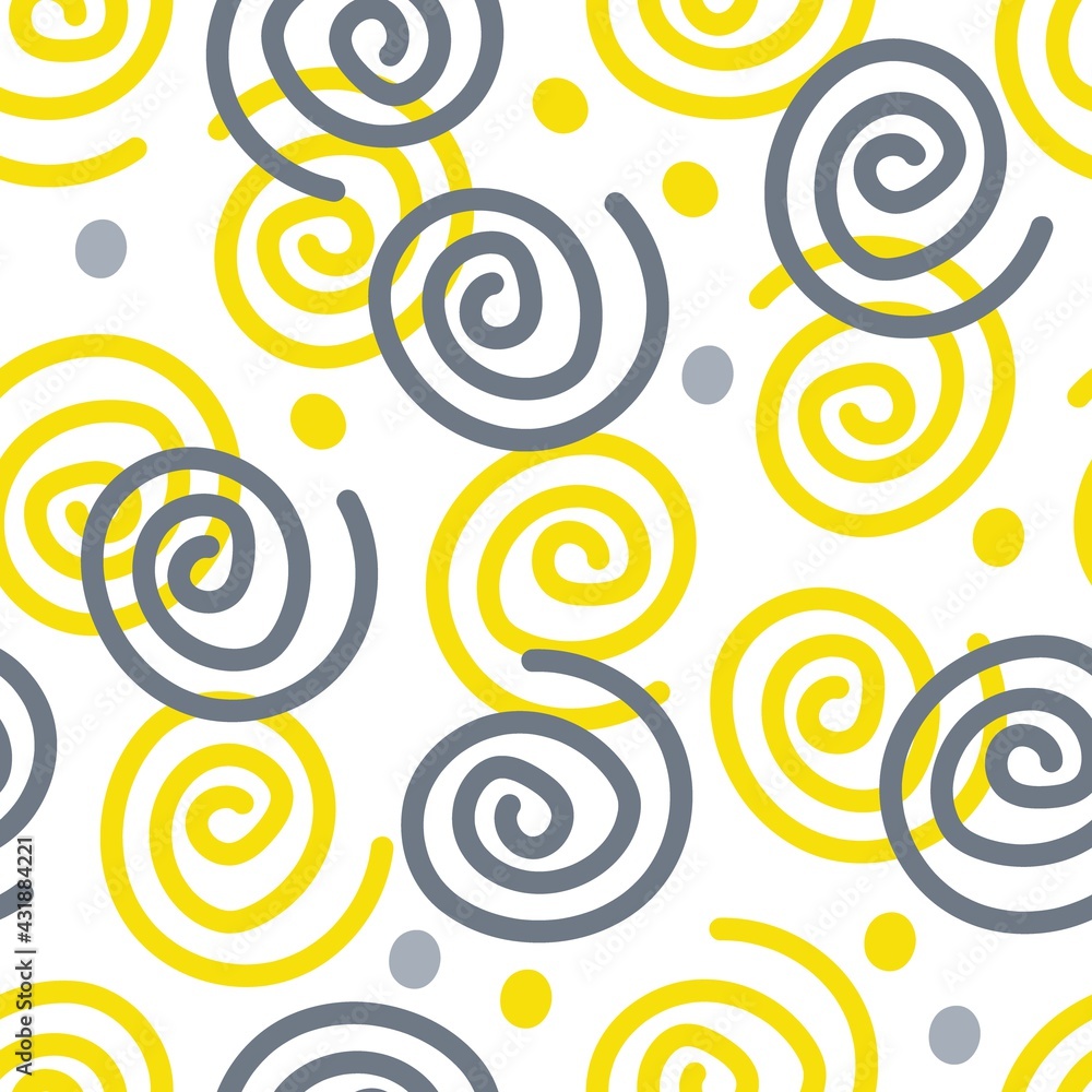 Abstract seamless pattern with spirals In trend colors yellow and gray. Abstract geometrical shape print for wallpapers, wrapping papers, textile. Trendy vector geometric curls shapes Abstract seamless pattern with spirals In trend colors yellow and gray. Abstract geometrical shape print for wallpapers, wrapping papers, textile. Trendy vector geometric curls shapes