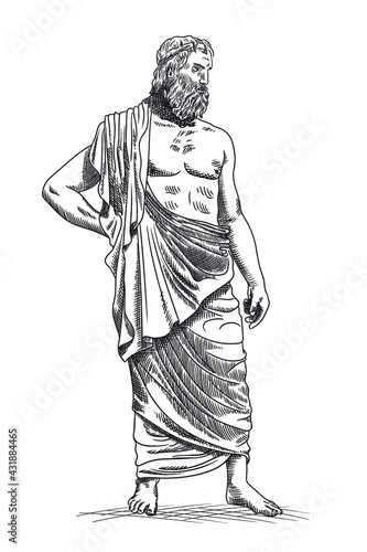 The ancient Greek god Zeus with a beard in a cape stands barefoot.