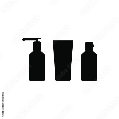 Bottles for cosmetics, black silhouette isolated on white background. Cream with dispenser and spray bottle. Three items. Vector illustration, flat minimal design, eps 10.