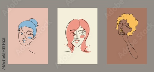 Hand drawn line art sophisticated women portraits in minimalistic abstract graphic style. Sketch in soft neutral pastel colors.