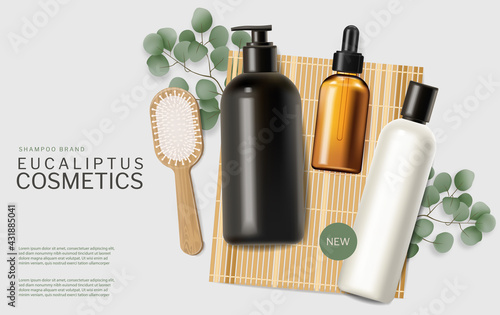 Shampoo and oils on Bamboo mat vector realistic Natural sustainable materials product placement mock ups