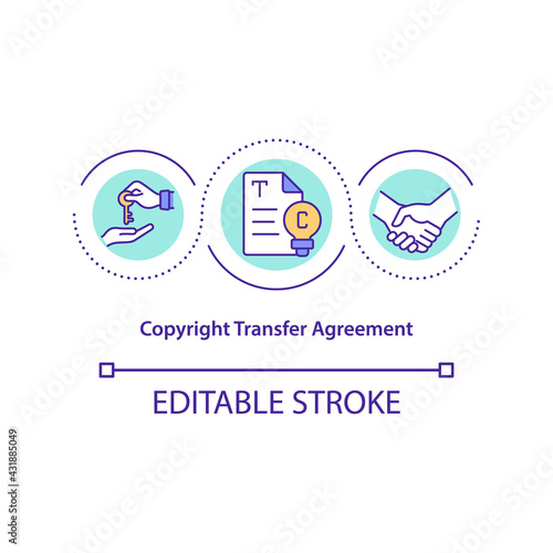 Copyright transfer agreement concept icon. Agreement that transfers copyright for work from copyright owner idea thin line illustration. Vector isolated outline RGB color drawing. Editable stroke