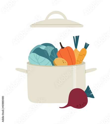 Vector illustration of Ukrainian borscht. Beetroot, potato, cabbage, carrot, pepper, and onion in pan. Hand-drawn illustration in flat style. Suitable for illustrating cooking, recipes.