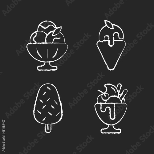 Ice cream varieties chalk white icons set on black background. Sorbet, sherbet. Gelato. Vanilla ice cream with sprinkles. Frozen yogurt, parfait. Isolated vector chalkboard illustrations
