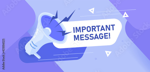 Important message. Purple banner template with a megaphone. Banner for business, marketing and advertising. Vector illustration. With exclamation mark