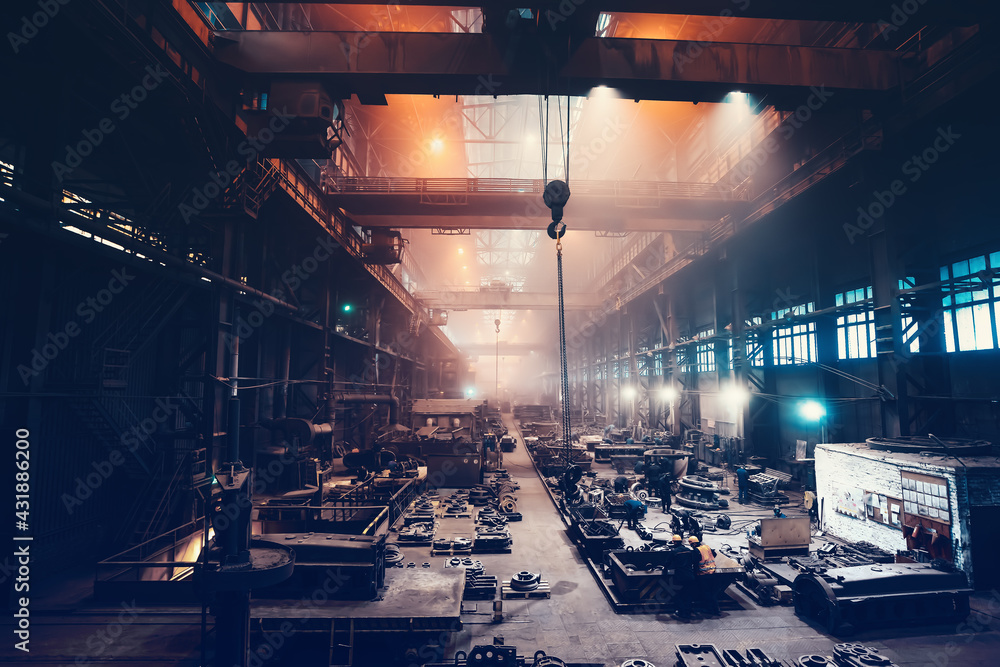 Metallurgical plant or Steel Foundry Factory, Large Workshop Interior, Blast Furnace, Heavy Industry, Iron and Steelmaking.