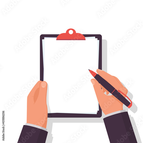 Businessman holds a clipboard with white blank sheets in hands. Pen in hand. Form for text profile or survey. Empty blank. Blank for questionnaire. Vector flat design. Isolated on white background.