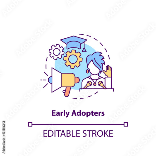 Early adopters concept icon. Product adopters category idea thin line illustration. Creating reviews and feedbacks about purchases. Vector isolated outline RGB color drawing. Editable stroke