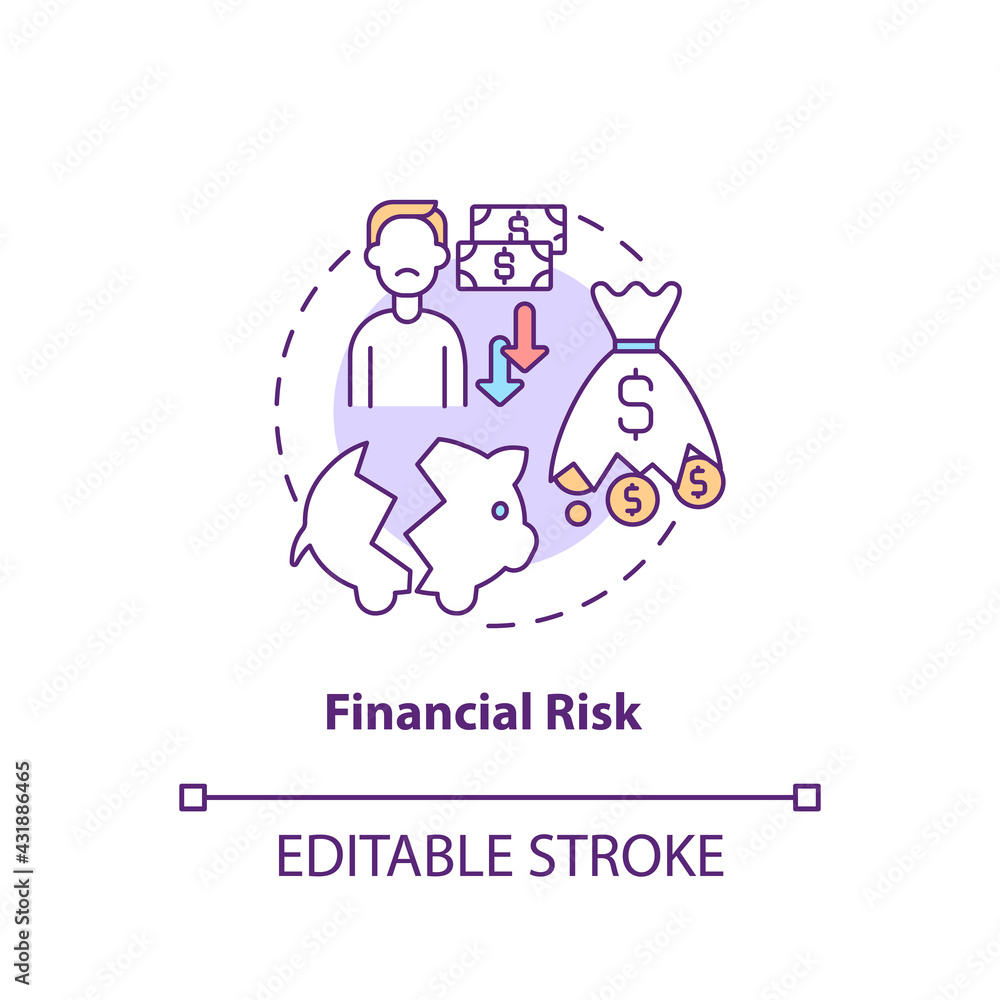 Financial risk concept icon. Purchase risk factor idea thin line illustration. Online retail environment. Losing money possibility. Vector isolated outline RGB color drawing. Editable stroke