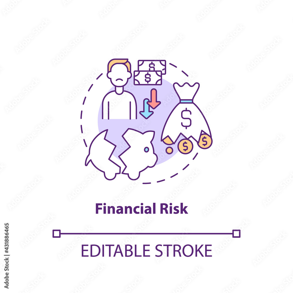 Fototapeta premium Financial risk concept icon. Purchase risk factor idea thin line illustration. Online retail environment. Losing money possibility. Vector isolated outline RGB color drawing. Editable stroke