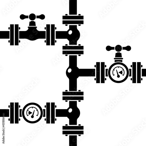 Pipeline background black silhouette. Pipe system with valves for water of gas oil. Vector illustration flat design. Isolated on white industrial background.