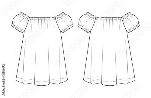 Fashion technical drawing of girlish babydoll dress. Fashion illustrashion of girls dress