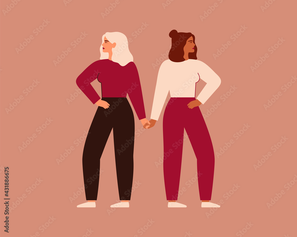 Two strong women stand together and hold arms. Fearless girls support and help each other. Friendship concept, the union of feminists and sisterhood. Vector illustration