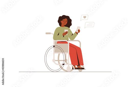 Black girl in a wheelchair sends messages via smartphone. Young happy African American woman uses a mobile phone for texting with friends. Social media chatting, instant messaging. Vector illustration