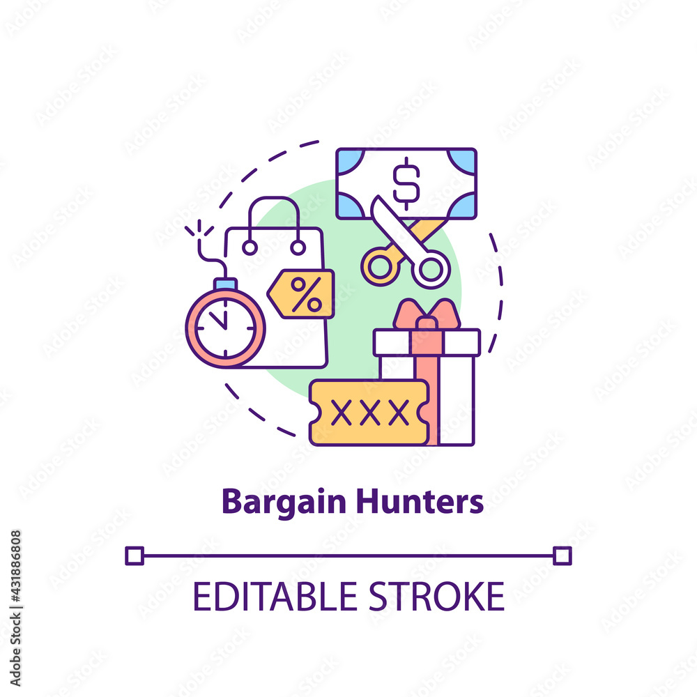 Bargain hunters concept icon. Internet consumer behavior idea thin line illustration. Available sales promotions. Free sample, special offer. Vector isolated outline RGB color drawing. Editable stroke