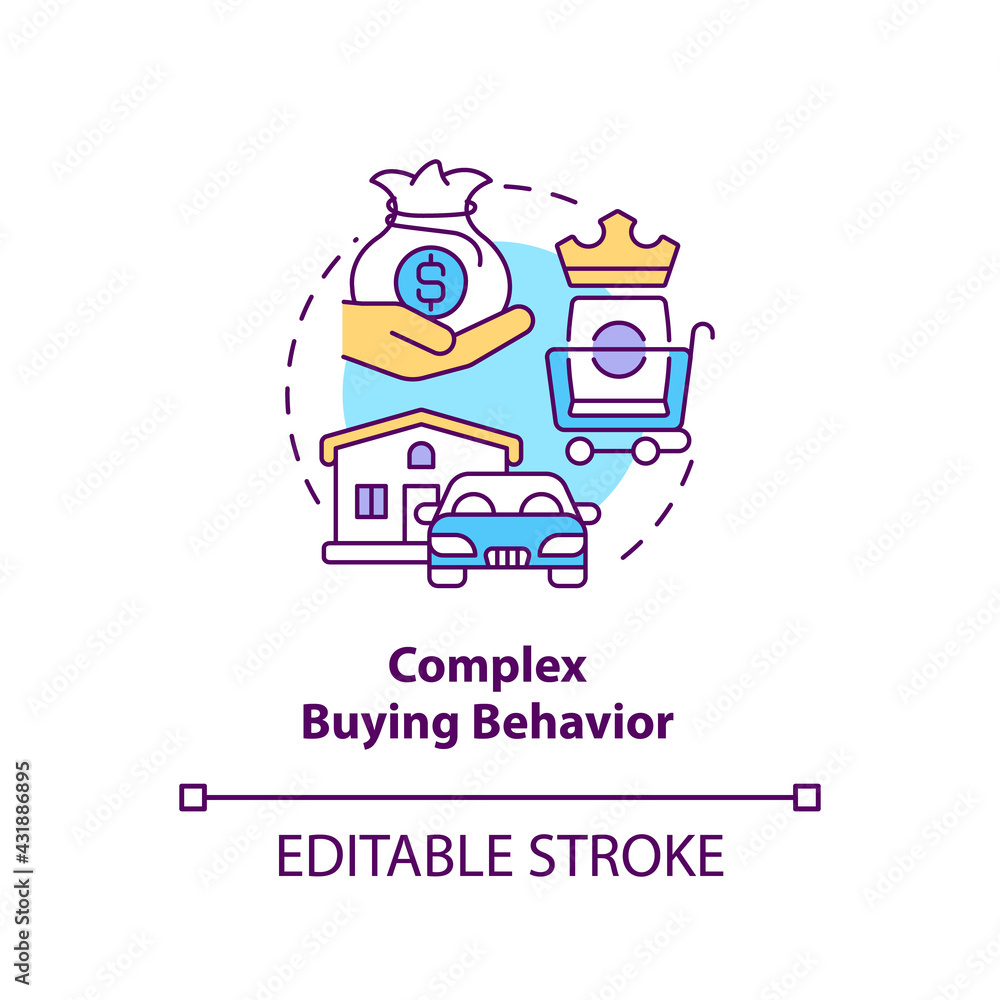 Complex buying behavior concept icon. Consumer behavior type idea thin line illustration. Buying expensive, unfamiliar product. Vector isolated outline RGB color drawing. Editable stroke