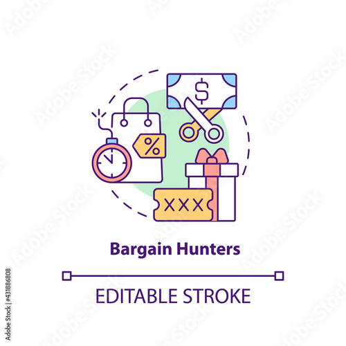 Bargain hunters concept icon. Internet consumer behavior idea thin line illustration. Available sales promotions. Free sample, special offer. Vector isolated outline RGB color drawing. Editable stroke