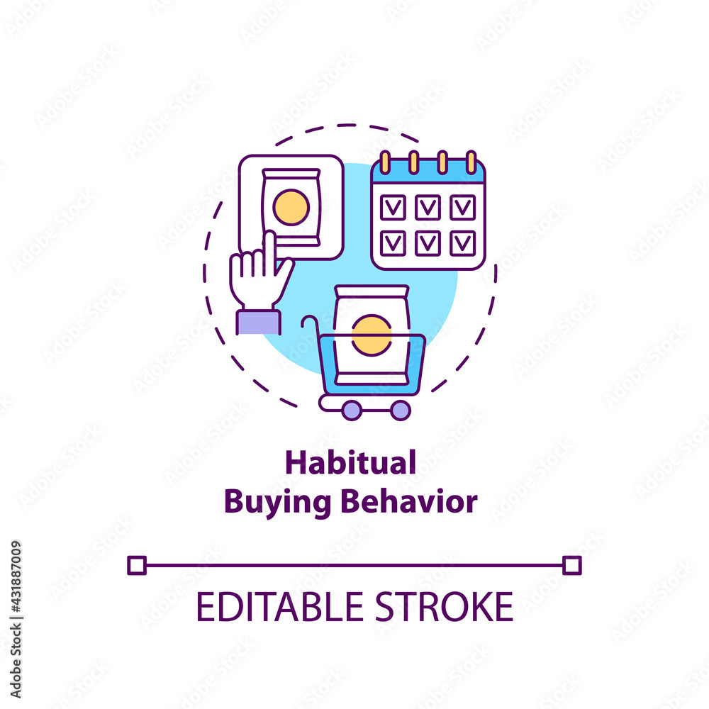 Habitual buying behavior concept icon. Consumer behavior idea thin line illustration. Low involvement in purchase decision. Daily routine. Vector isolated outline RGB color drawing. Editable stroke Habitual buying behavior concept icon. Consumer behavior idea thin line illustration. Low involvement in purchase decision. Daily routine. Vector isolated outline RGB color drawing. Editable stroke