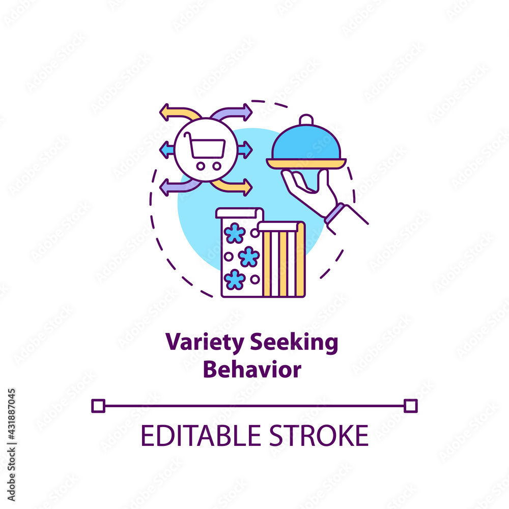 Variety seeking behavior concept icon. Low customer involvement idea thin line illustration. Remarkable differences between brands. Vector isolated outline RGB color drawing. Editable stroke Variety seeking behavior concept icon. Low customer involvement idea thin line illustration. Remarkable differences between brands. Vector isolated outline RGB color drawing. Editable stroke
