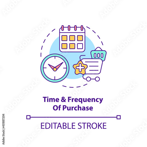 Purchase time and frequency concept icon. Customer behavior pattern idea thin line illustration. Making repeat purchase. Seasonal variations. Vector isolated outline RGB color drawing. Editable stroke