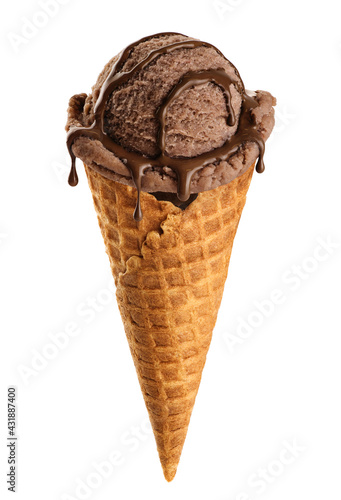 Fotografía Chocolate ice cream scoops in cone isolated on white background.