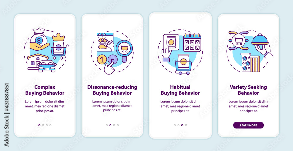 Consumer behavior types onboarding mobile app page screen with concepts. Complex buying behaviour walkthrough 4 steps graphic instructions. UI, UX, GUI vector template with linear color illustrations