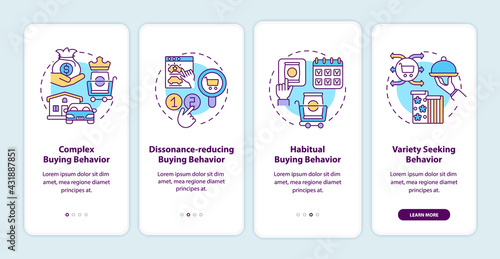 Consumer behavior types onboarding mobile app page screen with concepts. Complex buying behaviour walkthrough 4 steps graphic instructions. UI, UX, GUI vector template with linear color illustrations