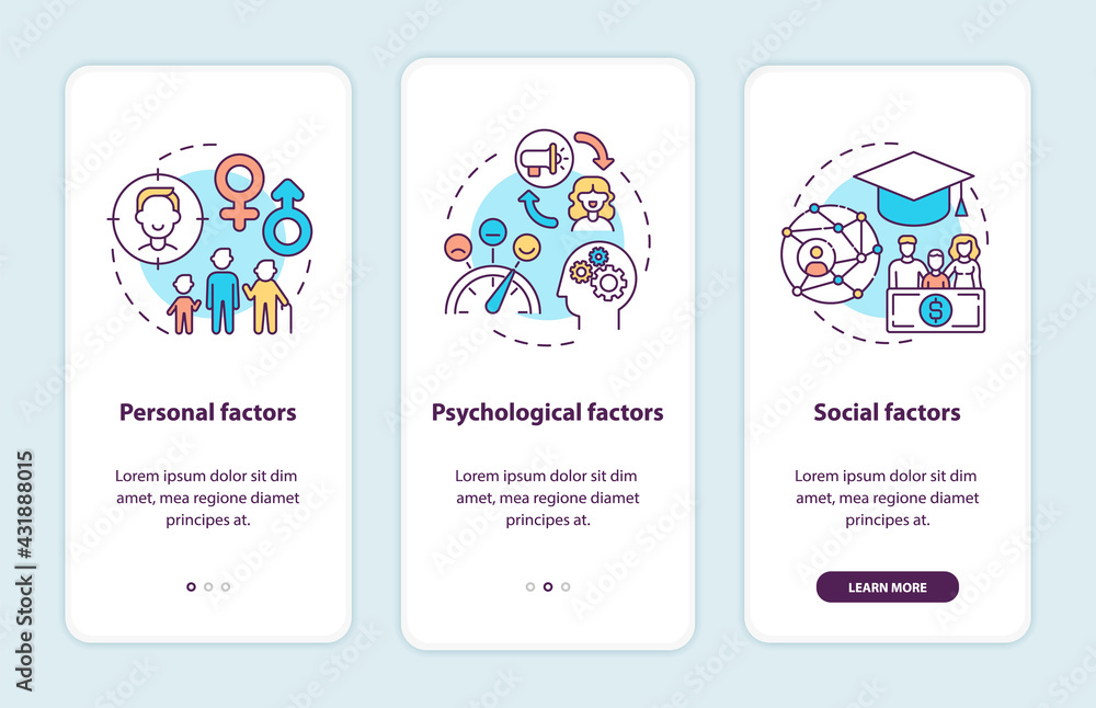 Purchase decision factors onboarding mobile app page screen with concepts. Personal, social factor walkthrough 3 steps graphic instructions. UI, UX, GUI vector template with linear color illustrations