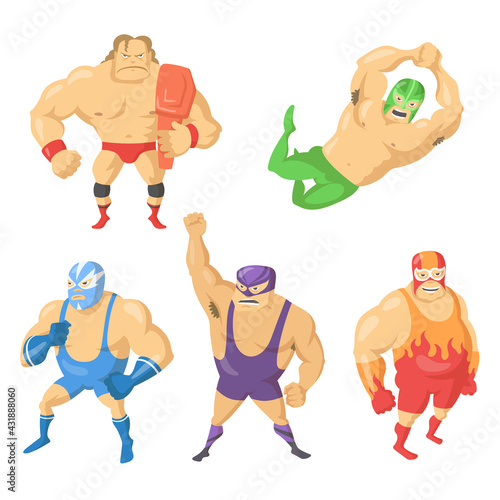 Cartoon set of Mexican wrestler fighters in masks. Vector illustration. Angry, gloomy wrestlers in colorful suits, in different poses during fight. Fight, wrestling, sport concept for banner design