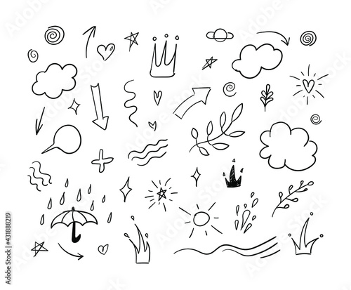 Vector doodle hand drawn abstract drawings illustration, black lines isolated on white background, abstract shapes. 