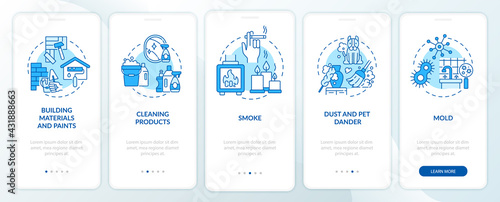 At-home air pollution onboarding mobile app page screen with concepts. Building materials, paints walkthrough 5 steps graphic instructions. UI, UX, GUI vector template with linear color illustrations