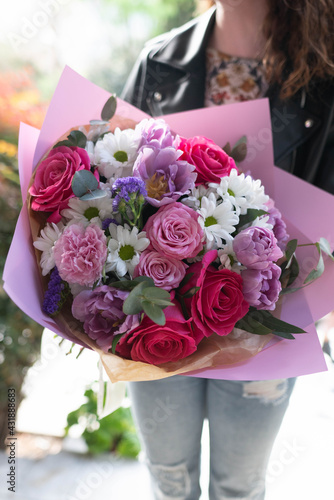 bouquet of pink rose, purple tulip, purple rose, white chrysanthemum and eucalyptus, bouquet of flowers