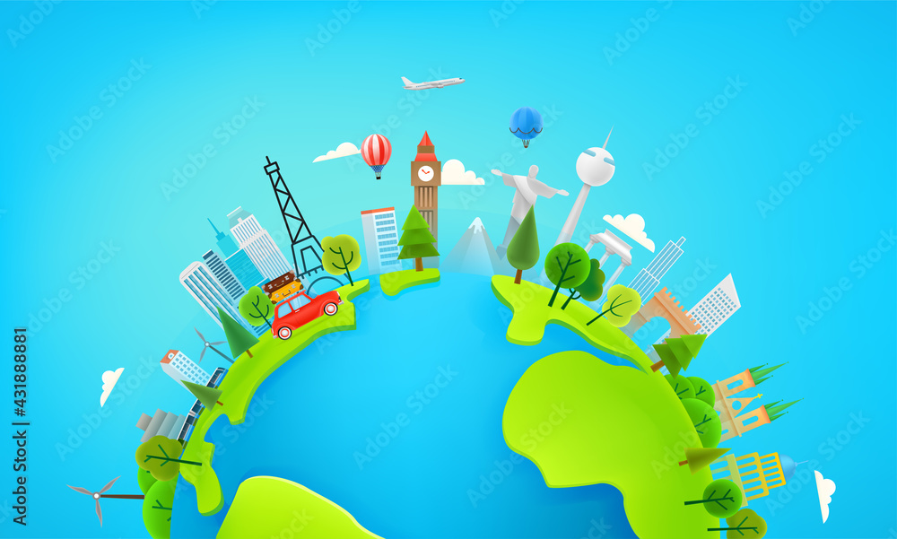 Travel concept with car, balloon, airplane, train, bus. Vector panorama ...