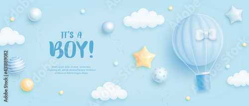 Baby shower horizontal banner with cartoon hot air balloon, helium balloons and clouds on blue background. It's a boy. Vector illustration