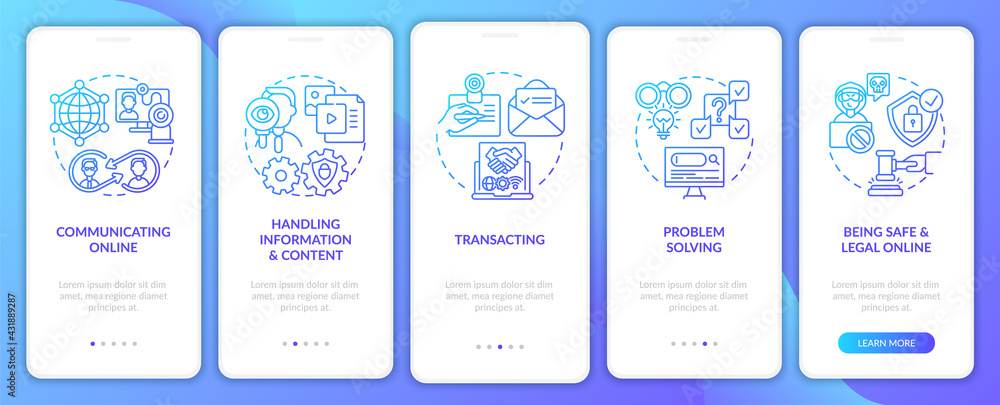 Essential digital skills navy onboarding mobile app page screen with concepts. Technology walkthrough 5 steps graphic instructions. UI, UX, GUI vector template with linear color illustrations