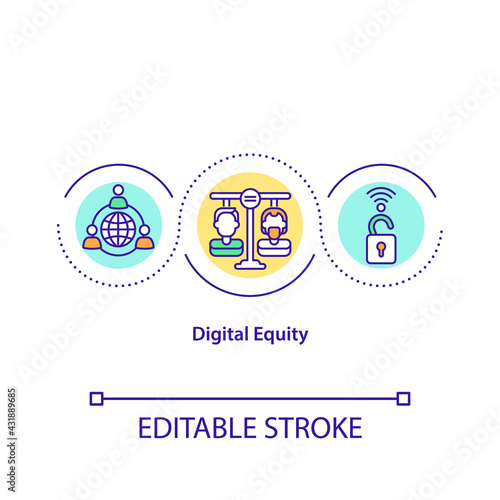 Digital equity concept icon. Equal access to information technology idea thin line illustration. Technology-powered opportunities. Vector isolated outline RGB color drawing. Editable stroke