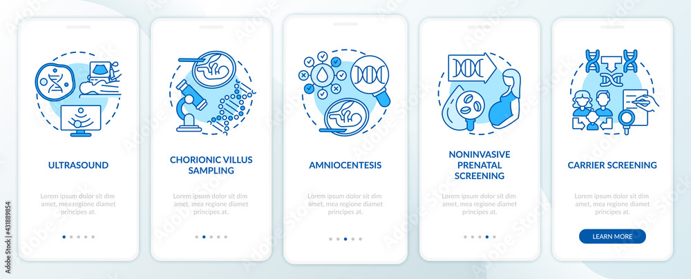 Genetic diseases testing blue onboarding mobile app page screen with concepts. Diagnostics walkthrough 5 steps graphic instructions. UI, UX, GUI vector template with linear color illustrations