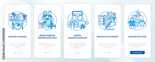 Genetic diseases treatment blue onboarding mobile app page screen with concepts. Healthcare walkthrough 5 steps graphic instructions. UI, UX, GUI vector template with linear color illustrations