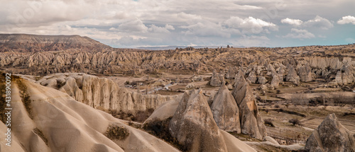 Panorama view of fairy chimneys and typical rock formations near Göreme, Cappadocia, Turkey