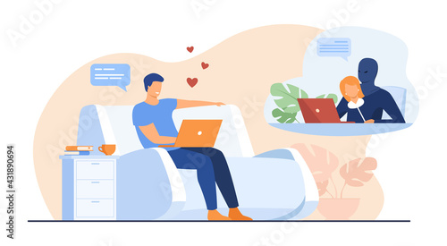 Cartoon man facing false impersonation. Flat vector illustration..Young man texting with someone pretending to be woman on social networks. Impersonation, online dating, fraud, social networks concept