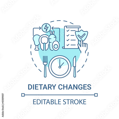 Dietary changes blue concept icon. Healthy lifestyle. Eating program. Nutrient food. Genetic disease treatment idea thin line illustration. Vector isolated outline RGB color drawing. Editable stroke