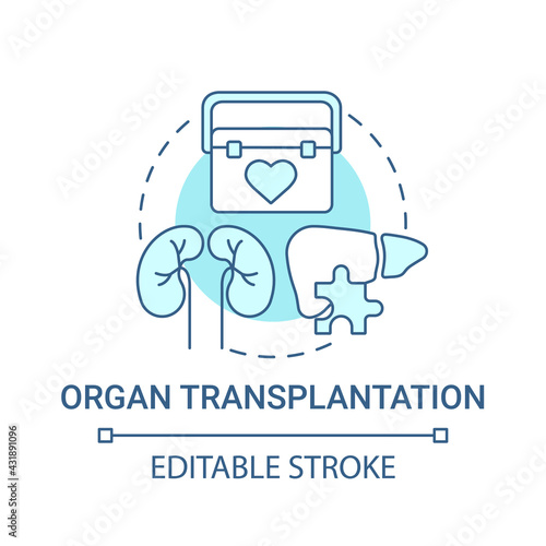 Organ transplantation blue concept icon. Kidney donor. Emergency medical care. Genetic disease treatment idea thin line illustration. Vector isolated outline RGB color drawing. Editable stroke