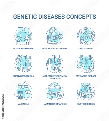 Genetic disease blue concept icons set. Marfan syndrome, dwarfism. Tay sach disease. Hereditary illness idea thin line RGB color illustrations. Vector isolated outline drawings. Editable stroke