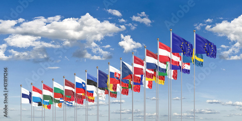 27 waving flags of countries of European Union (EU). Cloud background. 3D illustration.
